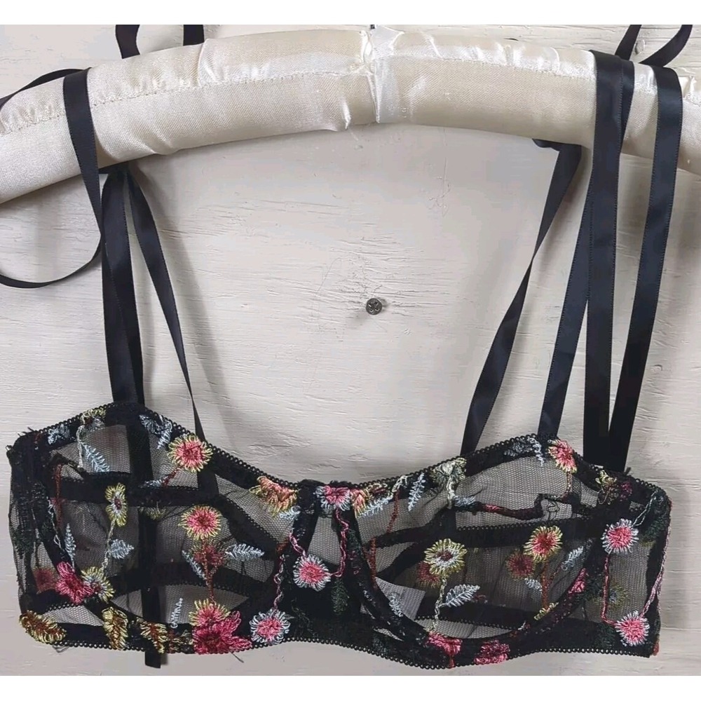 Embroidered Bra Underwire Floral Black Sexy Valentine's Lingerie Tie At Shoulder